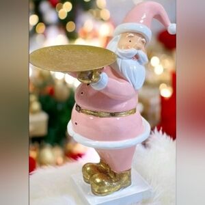 New Christmas Holiday Pink Gold Santa Holding Serving Tray Display Stand
